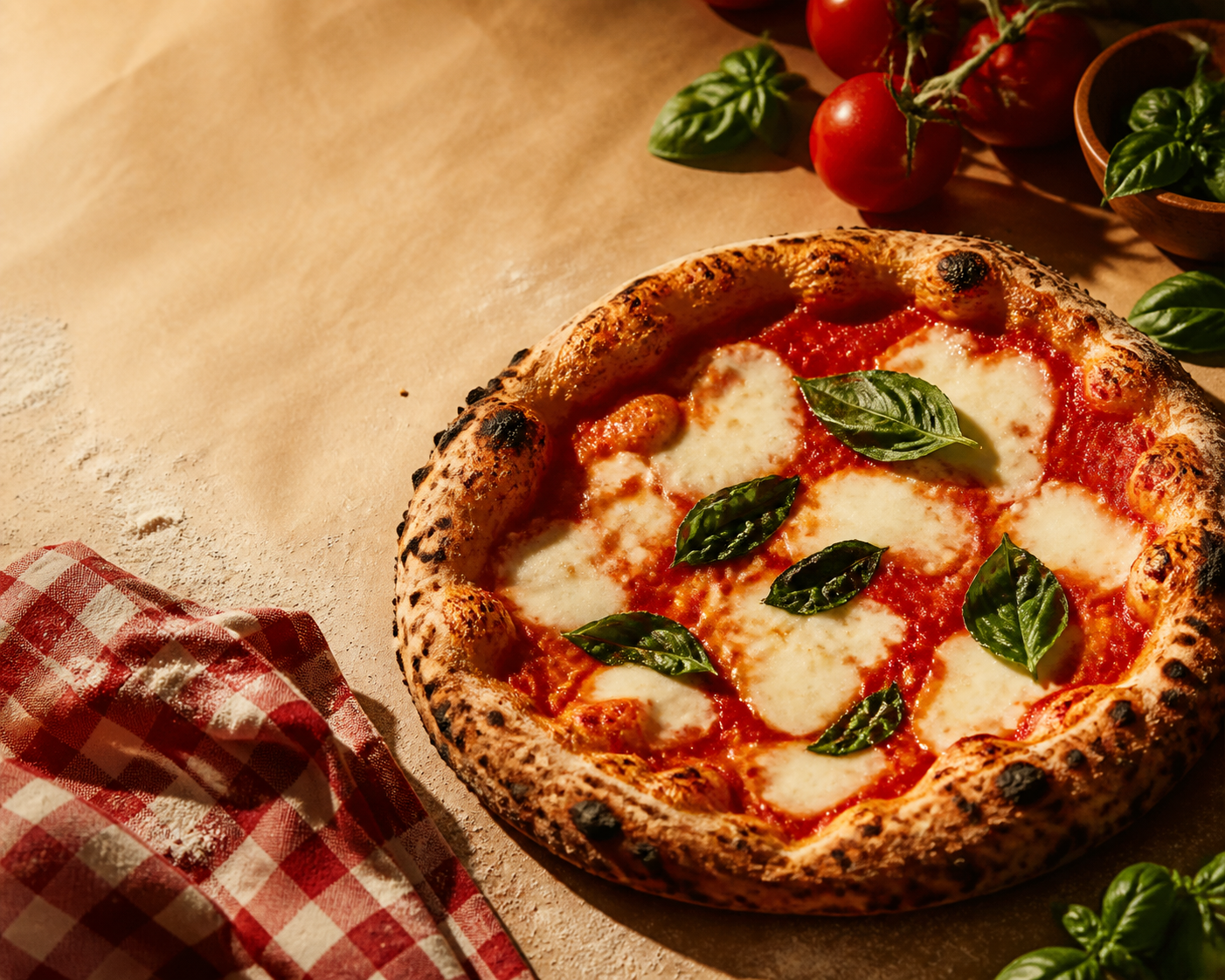 Pizza napolitaine à la tomate, fior di latte et basilic sur une table crème