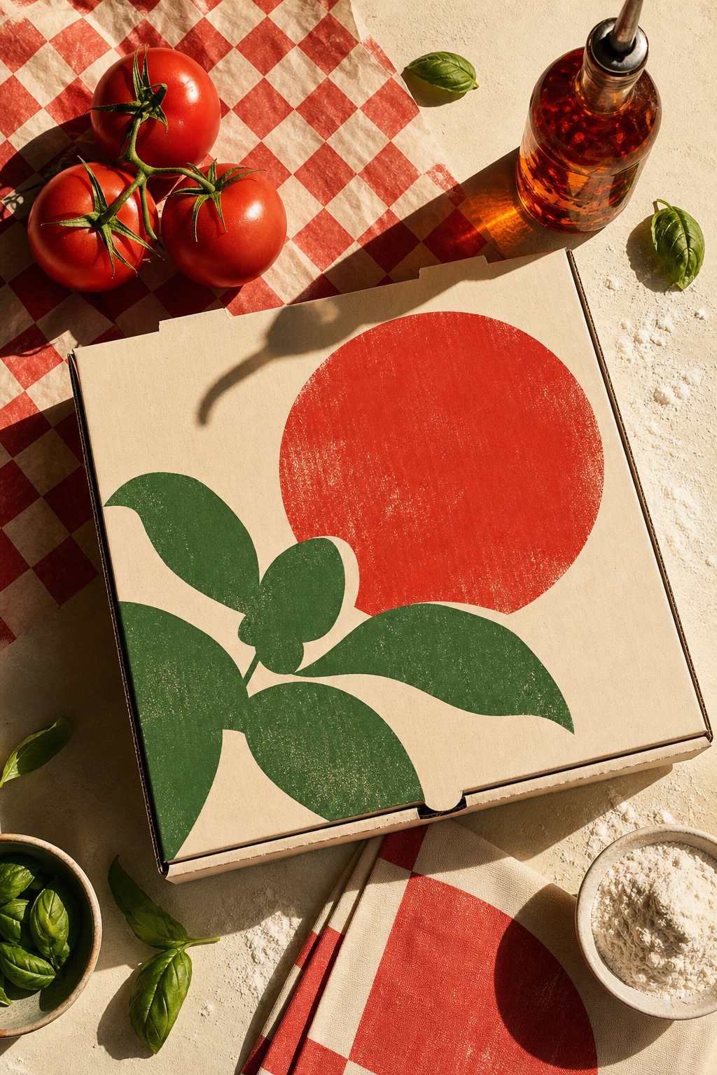 Boîte à pizza crème, tomates, basilic et huile pimentée