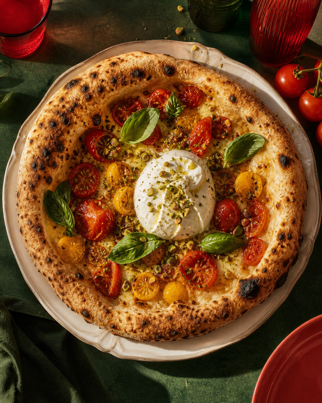 Pizza végétarienne aux tomates, burrata, basilic et pistaches