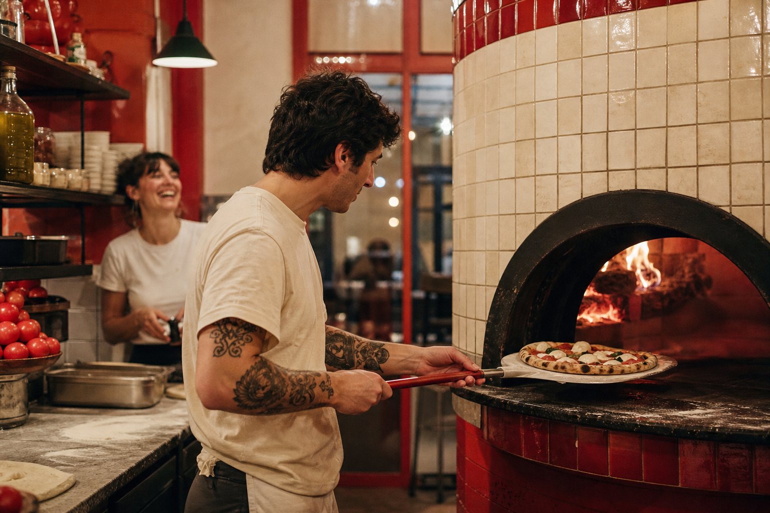 Pizzaiolo glissant une pizza dans le four à bois